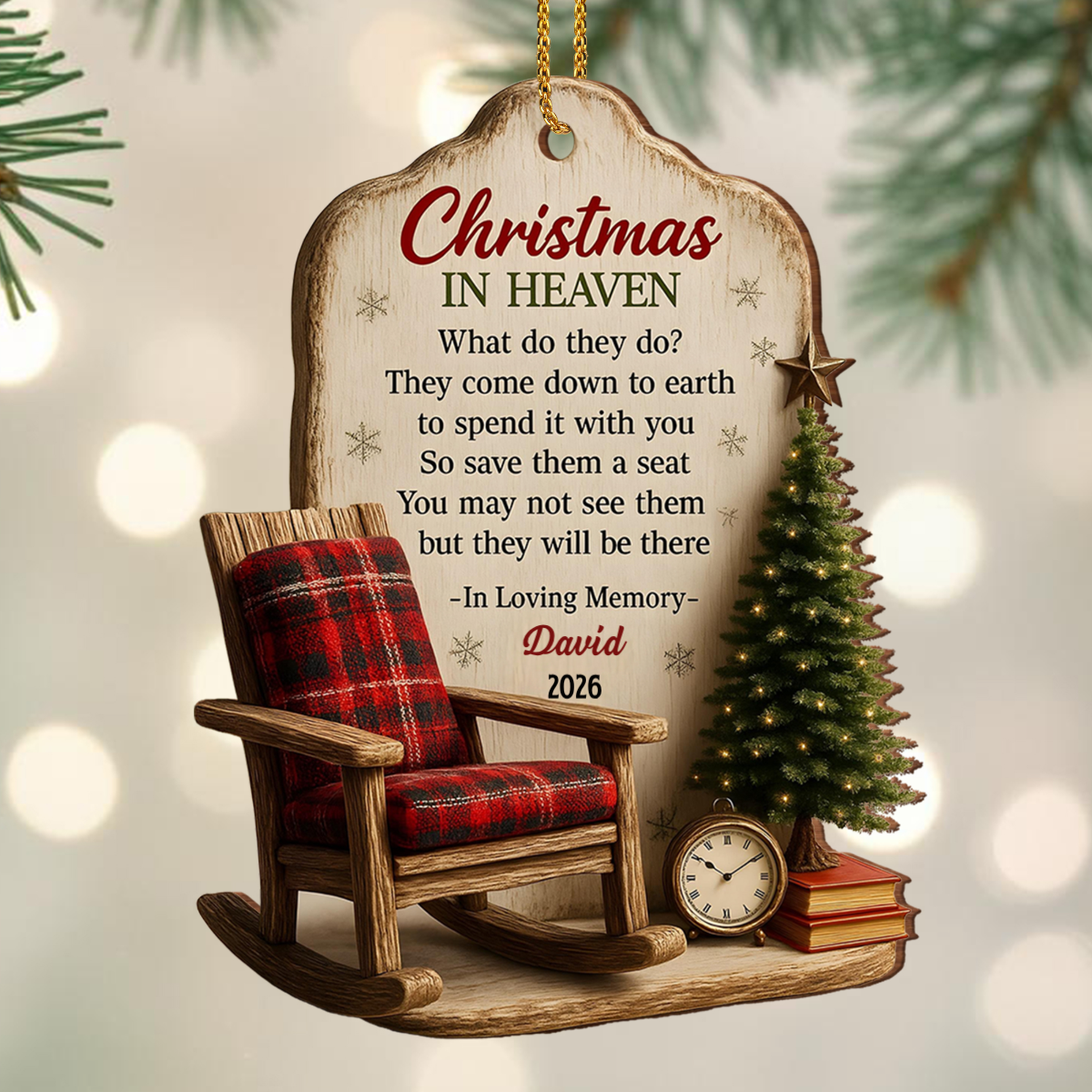 Christmas In Heaven Save Them A Seat Rocking Chair - Personalized Wooden Ornament for Family
