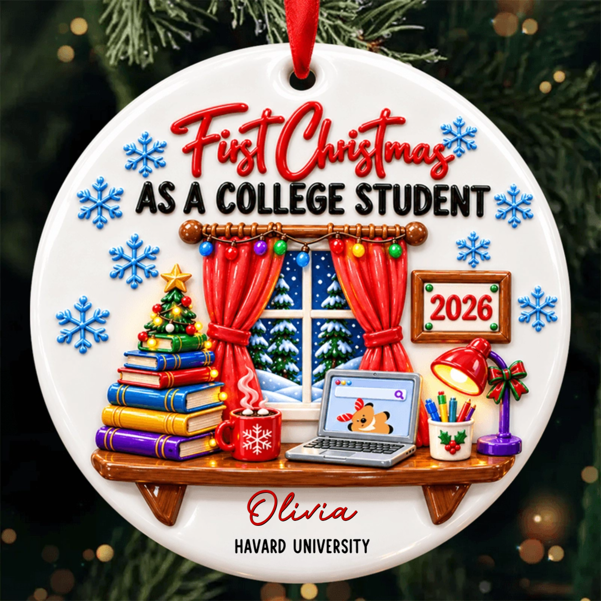 First Christmas As A College Student Personalized Ornament - Custom Ceramic Keepsake