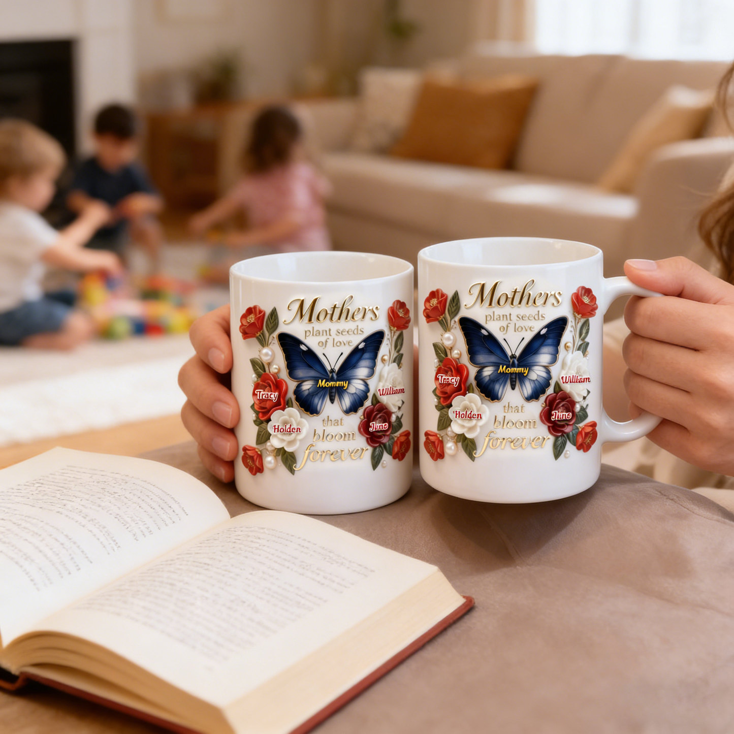 “Mom And Kids” Personalized Floral Butterfly Mug - Custom Name Gift