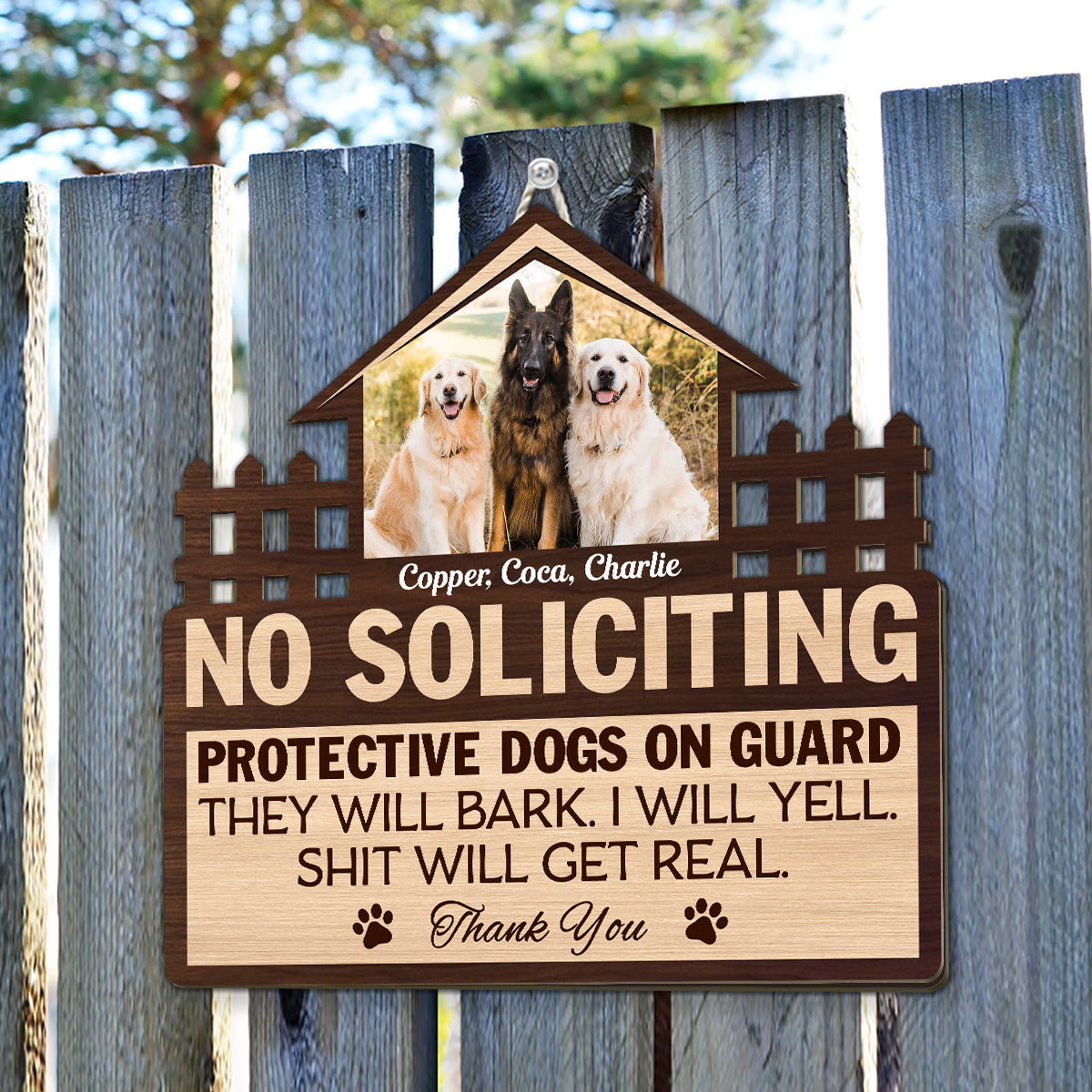 Wood Sign material and size view - Personalized Dog No Soliciting Sign