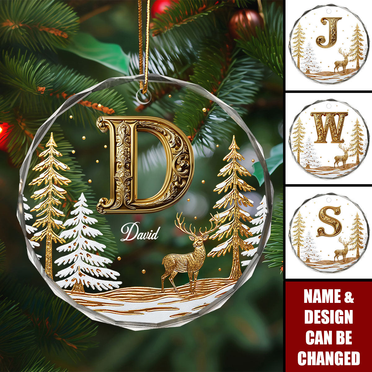 Personalized Christmas Glass Ornament with Golden Monogram & Winter Deer - Keepsake for Family