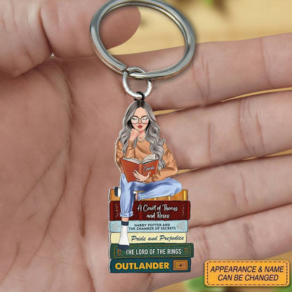 Verify - Bibliophile's Charm - 'Girl Reading Book' Personalized Acrylic Keychain with Custom Book Titles - A Reader's Delight