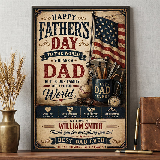Personalized Best Dad Ever canvas with American flag and vintage tools design for Father's Day gift