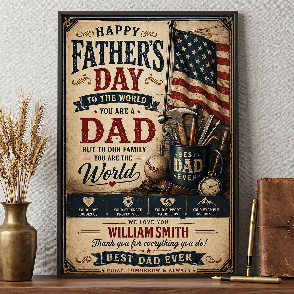 Personalized Best Dad Ever canvas with American flag and vintage tools design for Father's Day gift