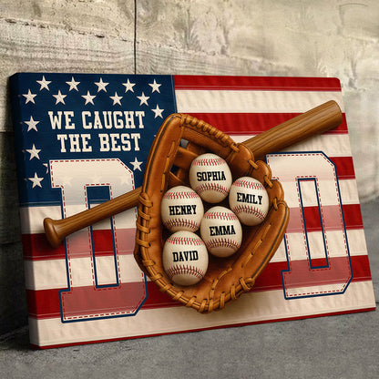Custom We Caught the Best Dad baseball canvas print with personalized names on baseballs for Father's Day gift image 9