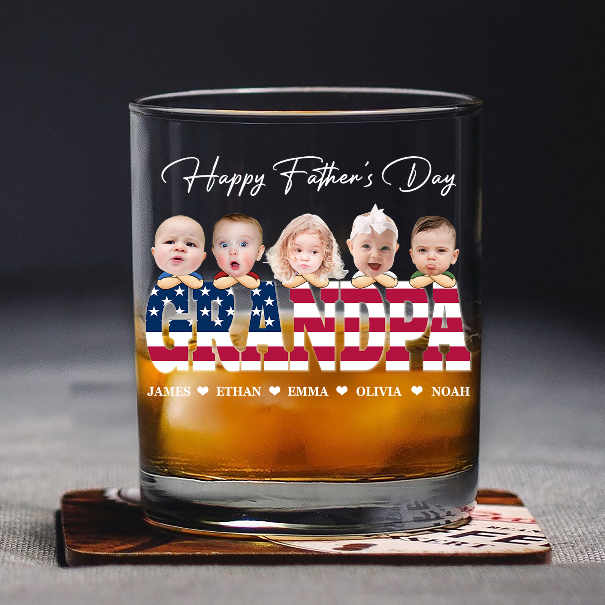 Custom Funny Face & American Flag Whiskey Glass - Father’s Day Gift for Daddy, Grandpa, Uncle