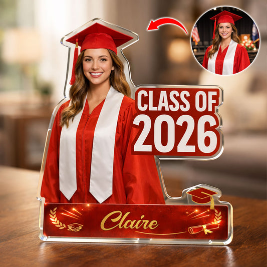 Custom Class of 2026 graduation acrylic keepsake plaque featuring personalized grad photo and name