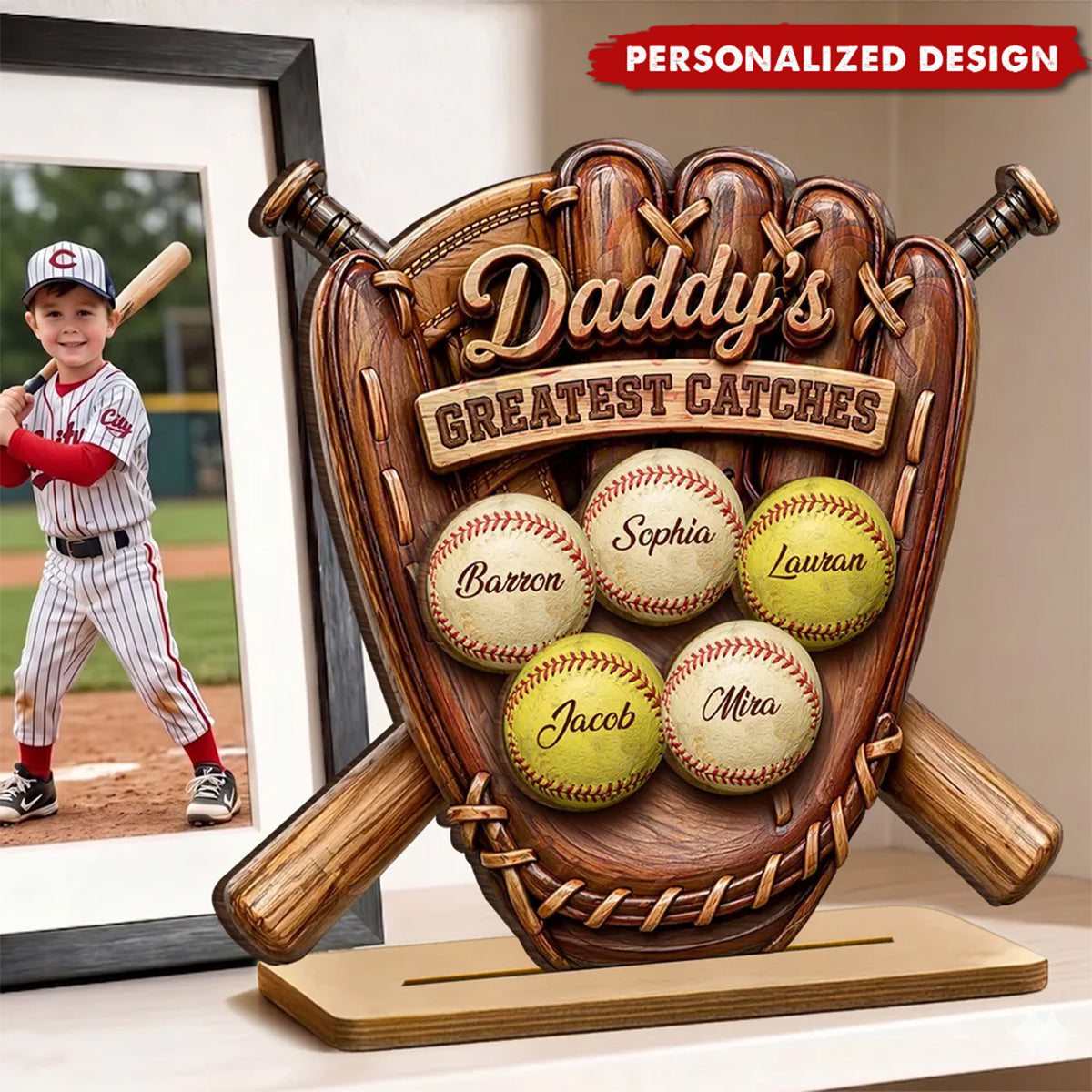 Daddy’s Greatest Catches - Personalized Baseball Wooden Plaque
