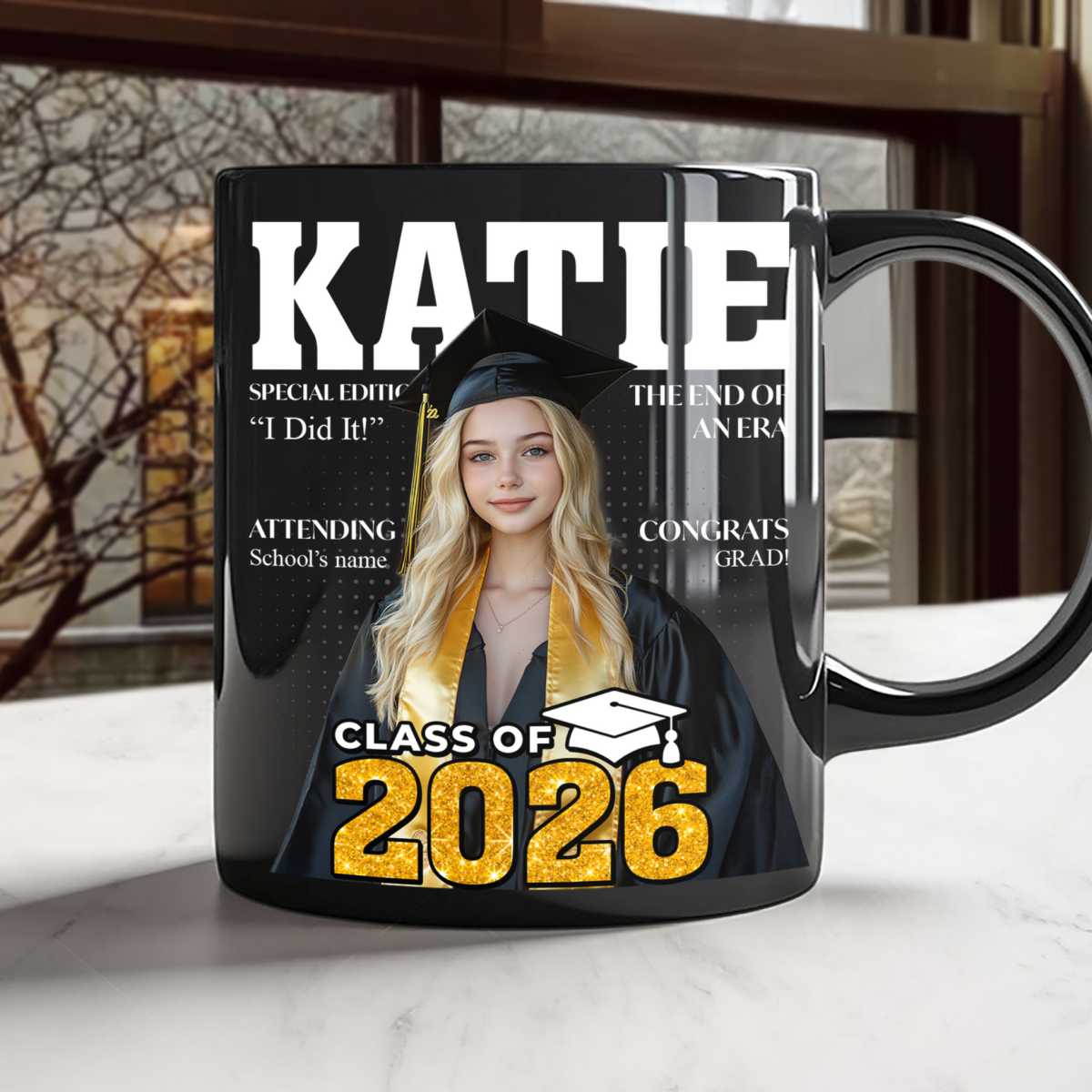 “Class of 2026” Magazine Style Black Mug - Personalized Custom Gift for Graduates
