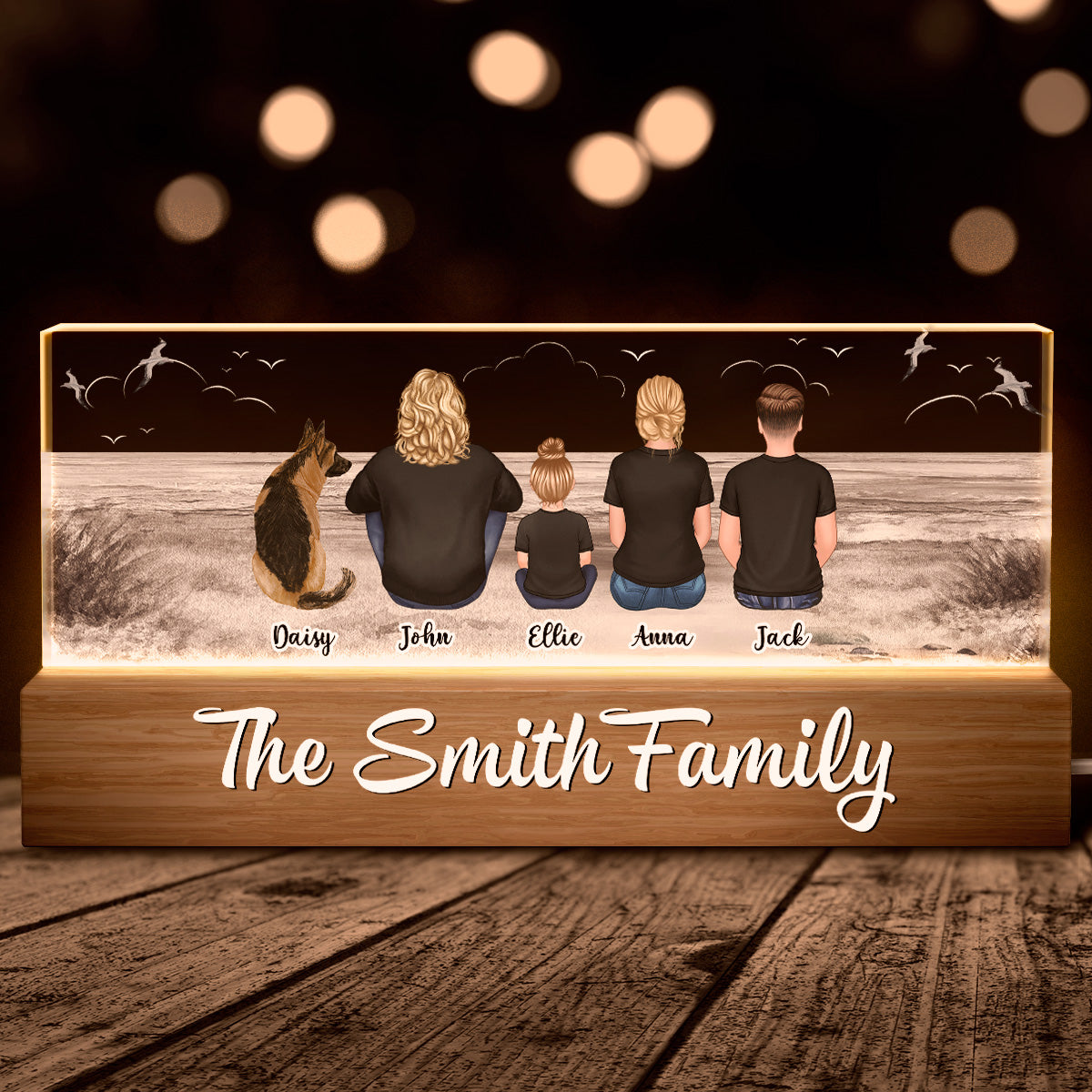 Family Sitting Beach Landscape - Customized Personalized Acrylic LED Night Light - Gifts For Family