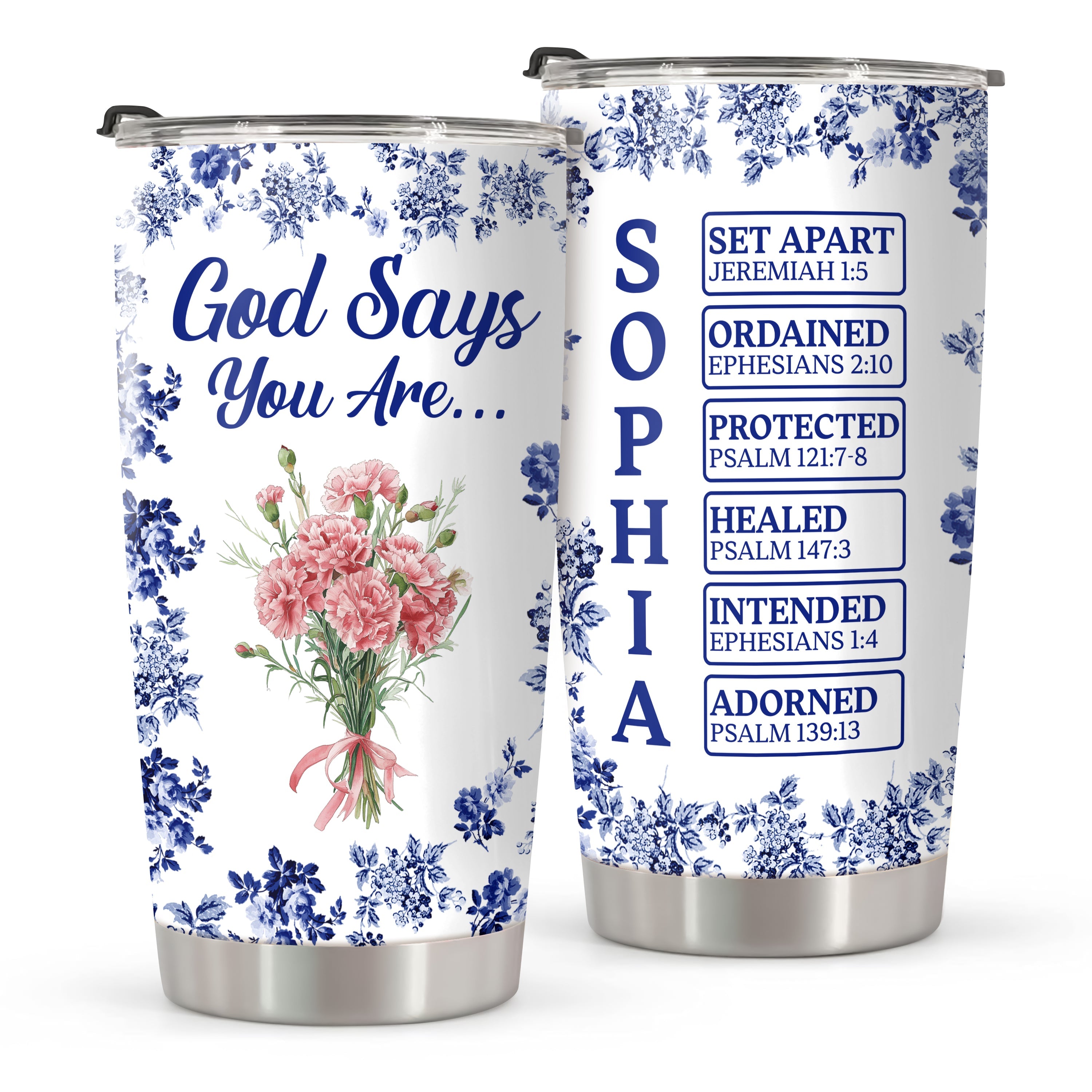 Personalized “God Says I Am” Tumbler - Custom Name Toile De Jouy Style