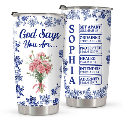Personalized “God Says I Am” Tumbler - Custom Name Toile De Jouy Style