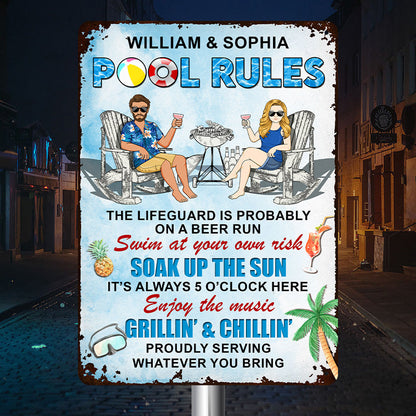 Pool Rules Enjoy The Music Grilling And Chilling - Personalized Custom Couples Metal Sign
