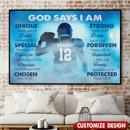 “God Says I Am” Personalized Football Poster / Canvas - Custom Gift for Boys & Football Lovers