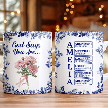 Personalized “God Says I Am” Mug - Custom Name Toile De Jouy Style