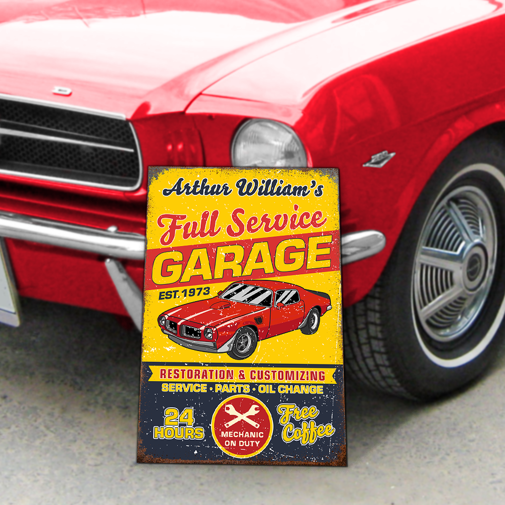 Custom Car Photo Full Service Garage Sign - Personalized Garage Metal Sign