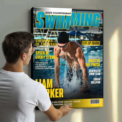 Personalized Swimming Magazine Cover Poster / Canvas - Custom Gift for Swimmers & Teams