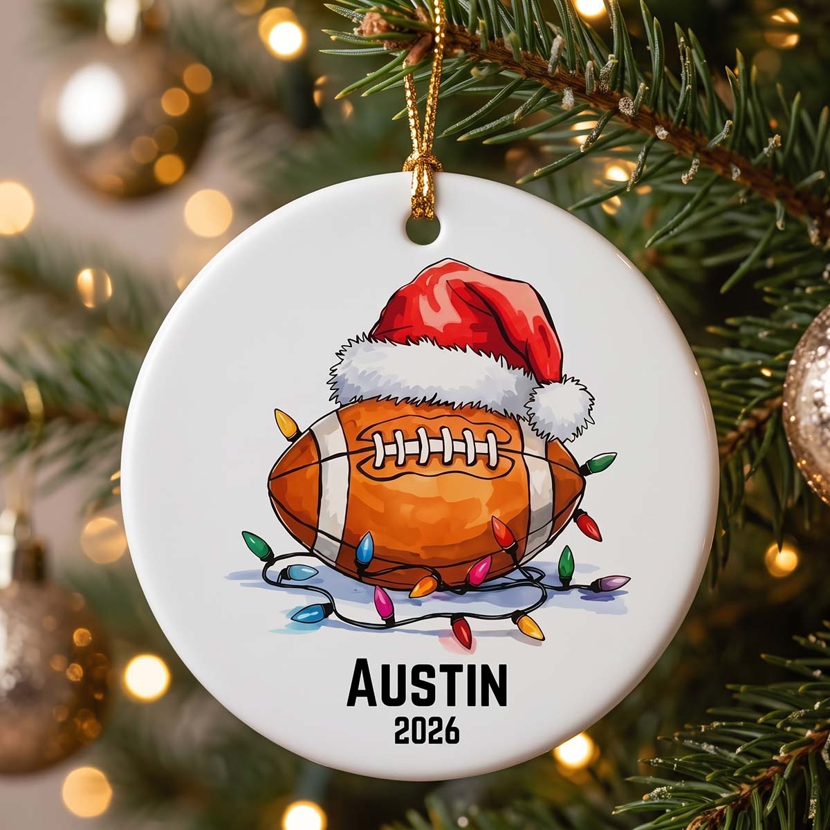 Personalized Football Ceramic Christmas Ornament - Custom Name & Year Sports Player Keepsake