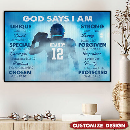 “God Says I Am” Personalized Football Poster / Canvas - Custom Gift for Boys & Football Lovers
