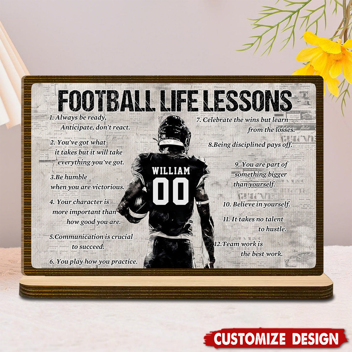 Personalized “Football Life Lessons” Wooden Plaque - Inspirational Gift for American Football Players, Coaches & Fans