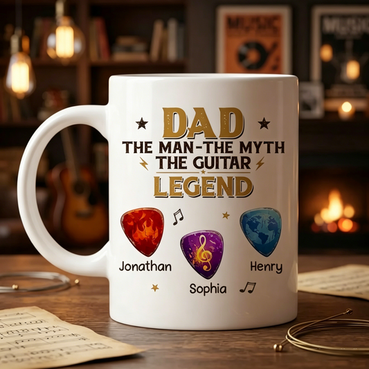 Personalized Guitar Pick Mug for Dad with personalized design details for meaningful gifting