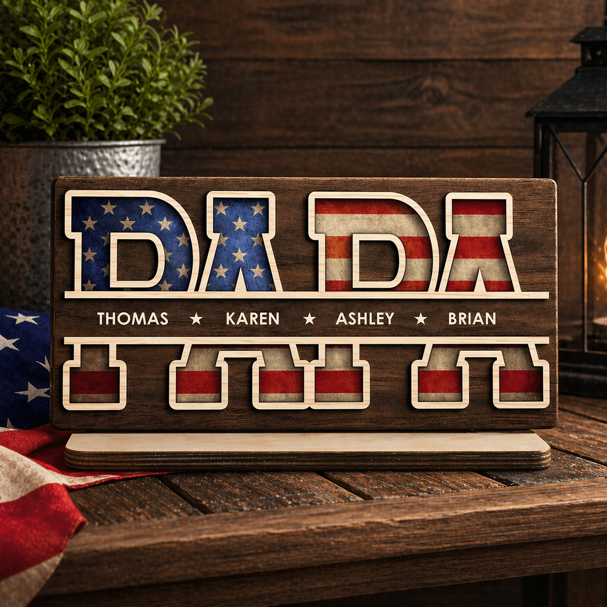 Personalized Grandpa Plaque - Custom Wooden Sign with Family Names, American Flag Design, Gift for Dad