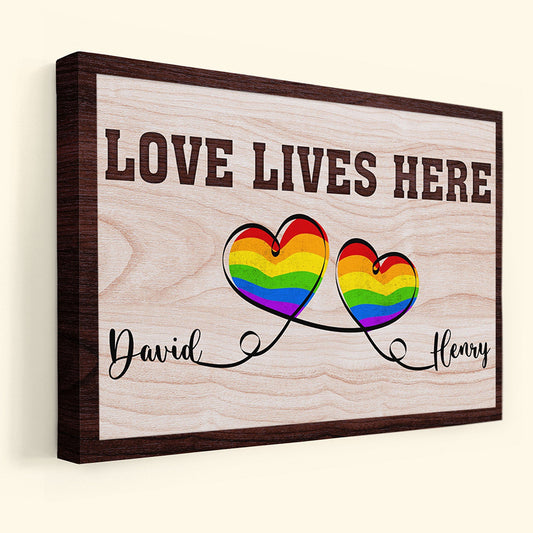Personalized 'LOVE LIVES HERE' LGBTQ+ Couple Canvas Print - Custom Names