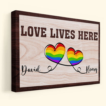Personalized 'LOVE LIVES HERE' LGBTQ+ Couple Canvas Print - Custom Names