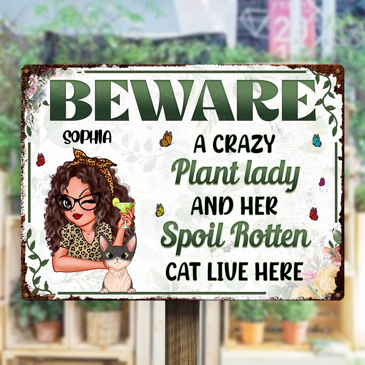 Beware Of The Crazy Plant Lady And Her Spoil Rotten Cat - Personalized Classic Metal Signs