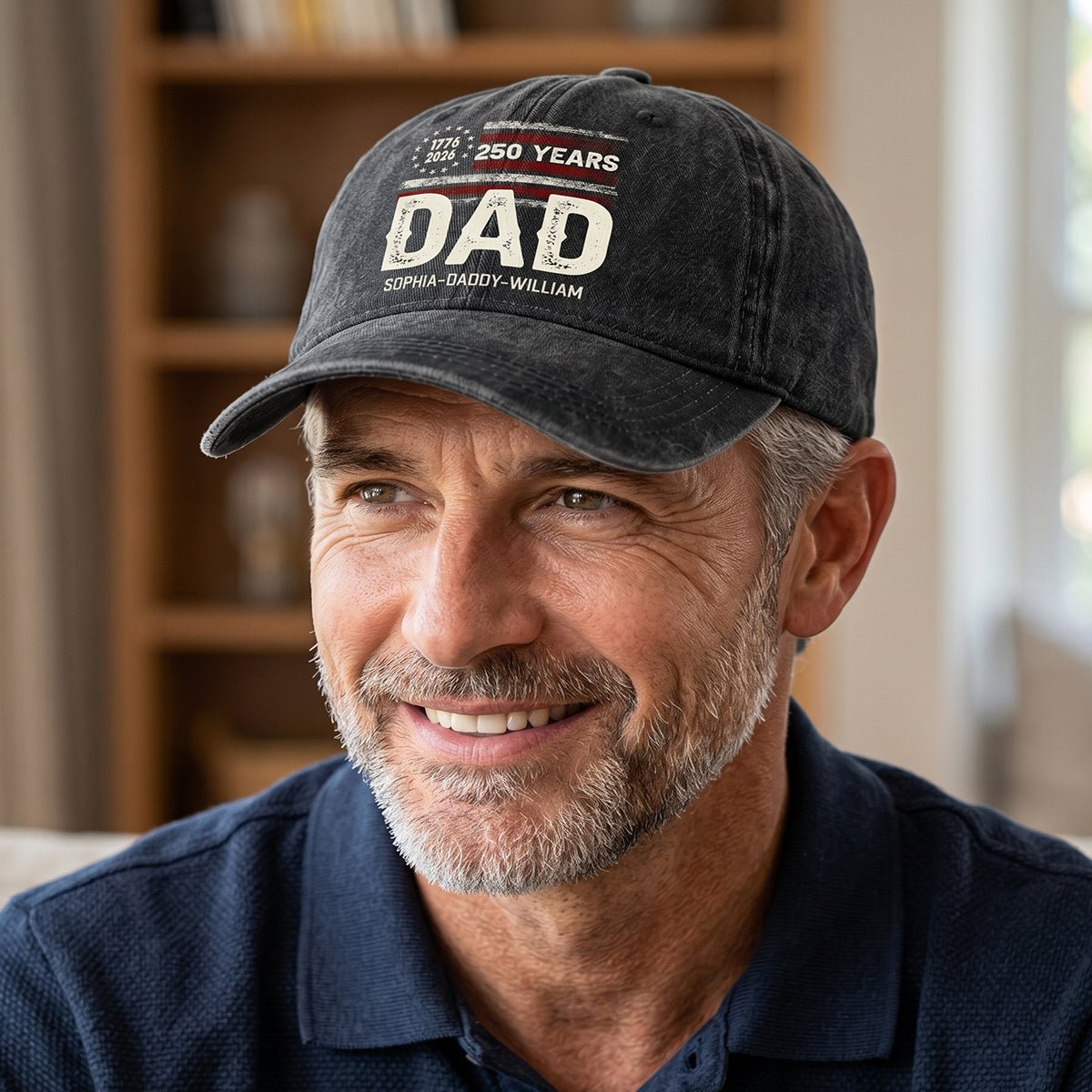 Personalized dad baseball hat with vintage American flag and custom kids names for Father's Day gift