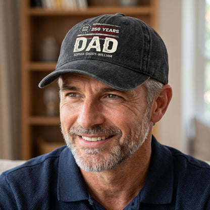 Personalized dad baseball hat with vintage American flag and custom kids names for Father's Day gift