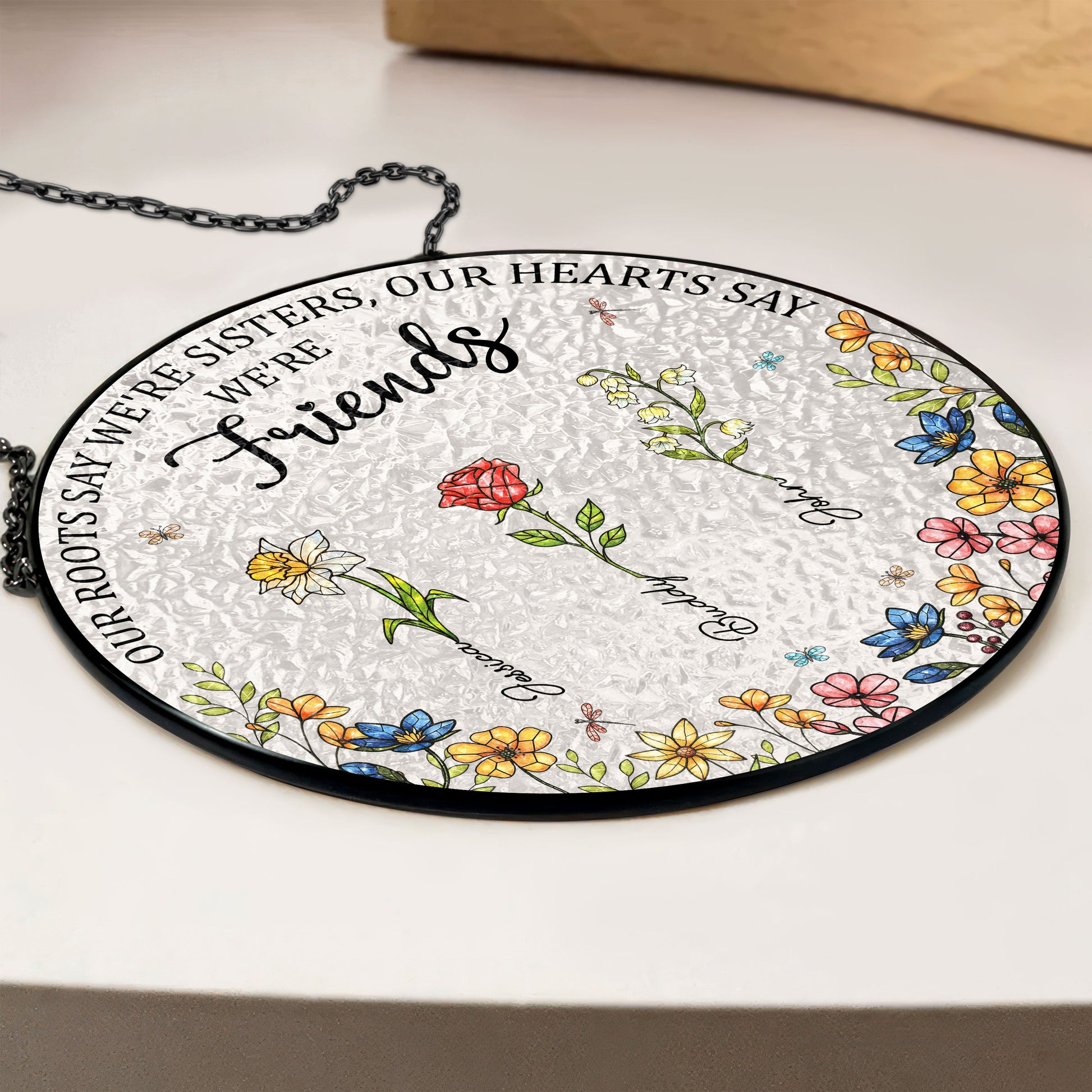 Sisters Besties From The Same Garden - Personalised Birth Flower Stained Glass Suncatcher