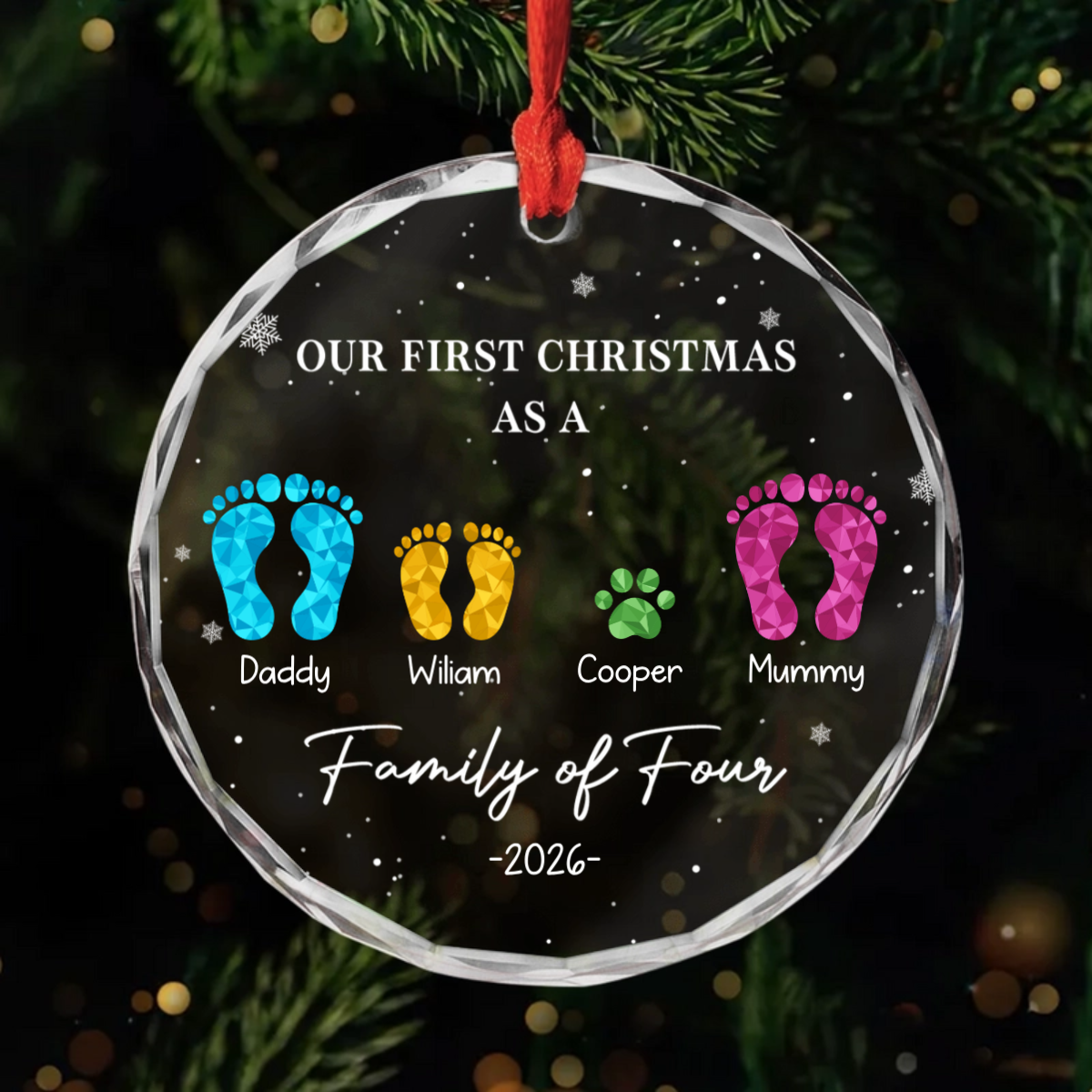 Our First Christmas As A Family Personalized Glass Ornament - Custom Footprints Keepsake for Mom & Dad