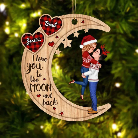 Couple Hugging On Heart Pattern Moon - Personalized Wooden Ornament - Gift For Firefighter,Police,Nurse,Chef,Teacher,Flight,Military,Animal Control,Worker