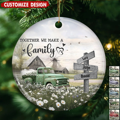 Personalized Farmhouse Family Truck Christmas Ceramic Ornament - Gift For Family