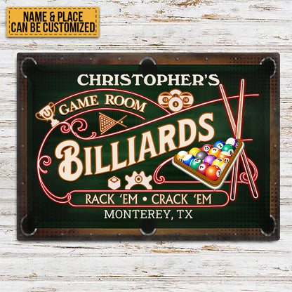 Billiards Game Room Neon - Personalized Custom Classic Metal Signs