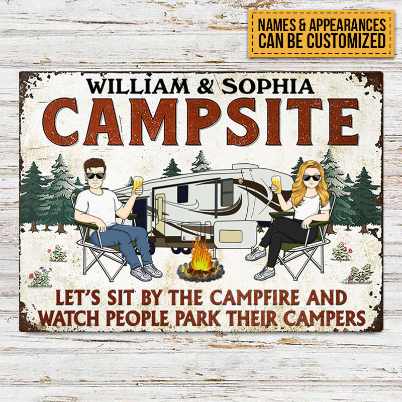 Let's Sit By The Campfire Husband Wife - Camping Signs - Camping Gift For Couple - Personalized Custom Classic Metal Signs