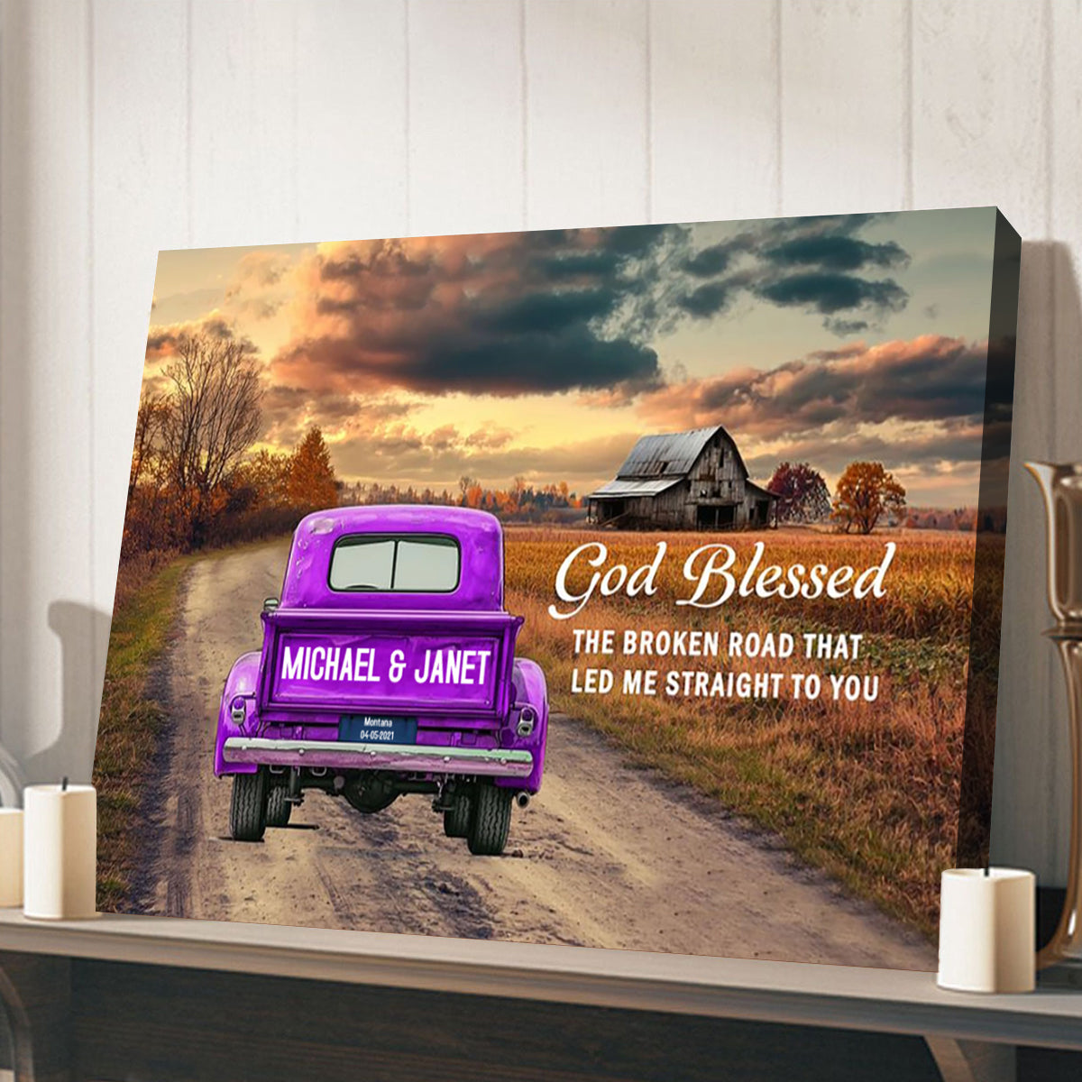 “God Blessed The Broken Road” - Personalized Rustic Couple Canvas / Poster