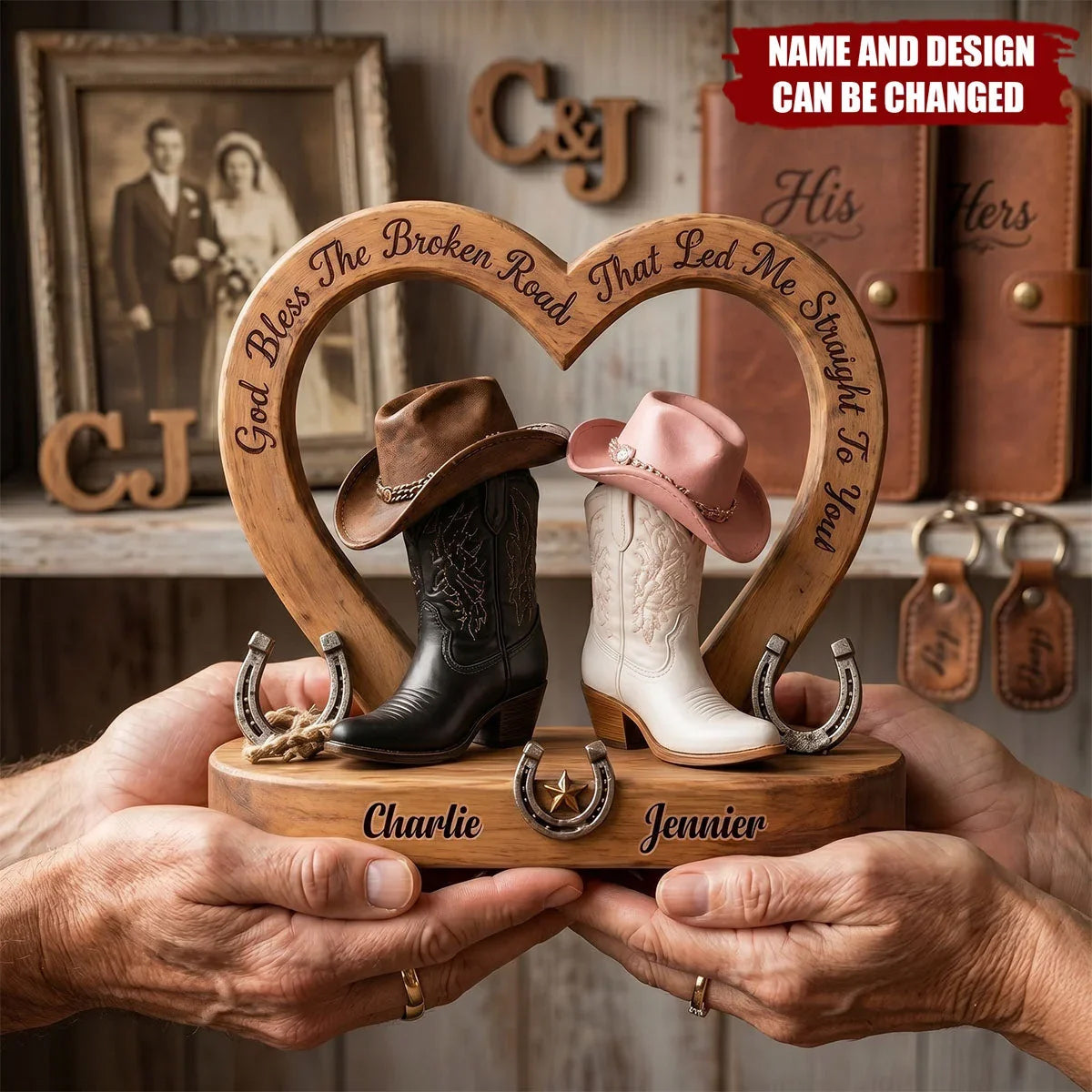 "God Bless The Broken Road" Personalized Western Couple Wooden Block - Custom Boots Keepsake Gift