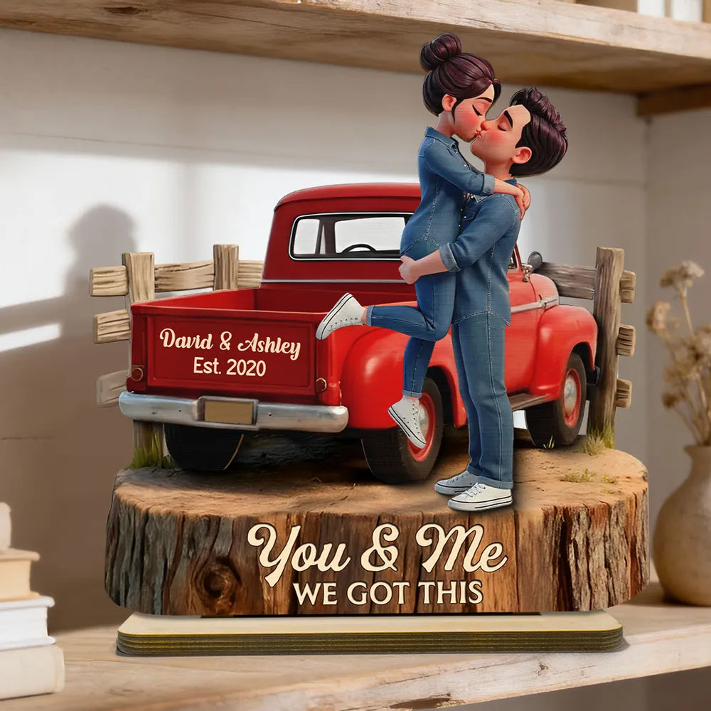 Kissing Couple in Red Pickup Truck - Personalized Wooden Plaque