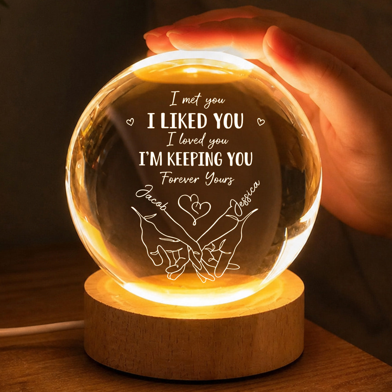Personalized couples crystal ball night light engraved with I Met You I Liked You design for anniversary image 7
