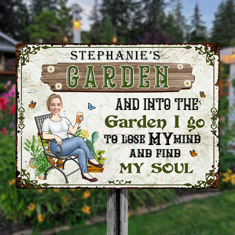 Custom Photo And Into The Garden I Go Gardening Girl - Personalized Custom Classic Garden Metal Signs