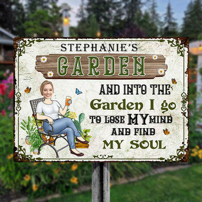Custom Photo And Into The Garden I Go Gardening Girl - Personalized Custom Classic Garden Metal Signs