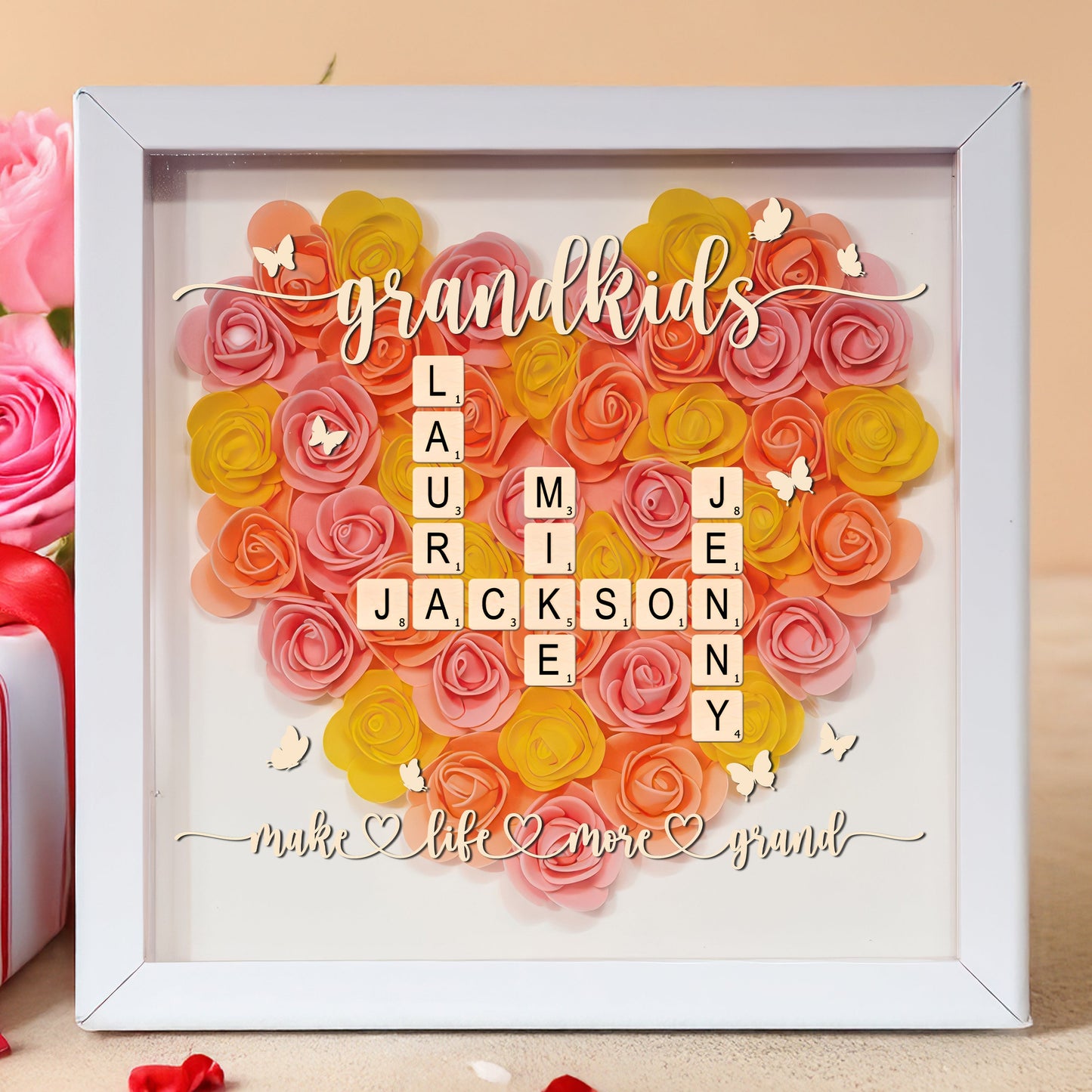 Grandkids Make Life More Grand - Personalized Flower Shadow Box