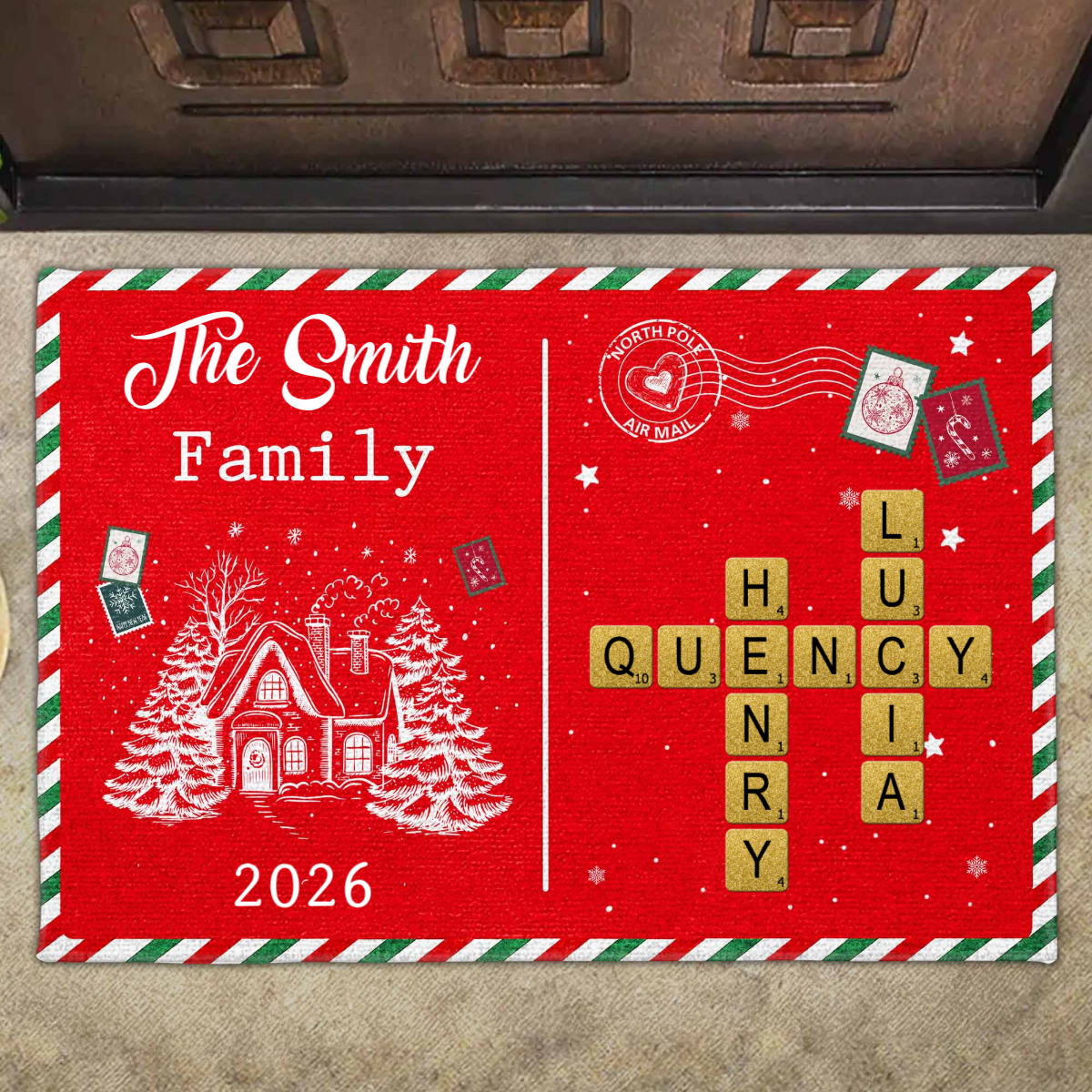 Personalized Christmas Family Name Doormat - Custom Crossword Scrabble Tile Entry Mat