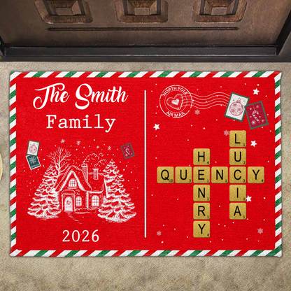 Personalized Christmas Family Name Doormat - Custom Crossword Scrabble Tile Entry Mat