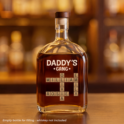 Personalized Whiskey Bottle - Crossword Puzzle Art  - Gift for Dad, Grandpa