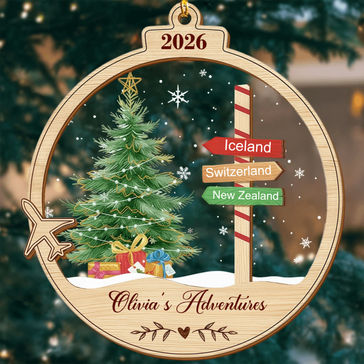 Travel Adventures Personalized Wooden Ornament - Custom Destination Christmas Keepsake Gift for Couples