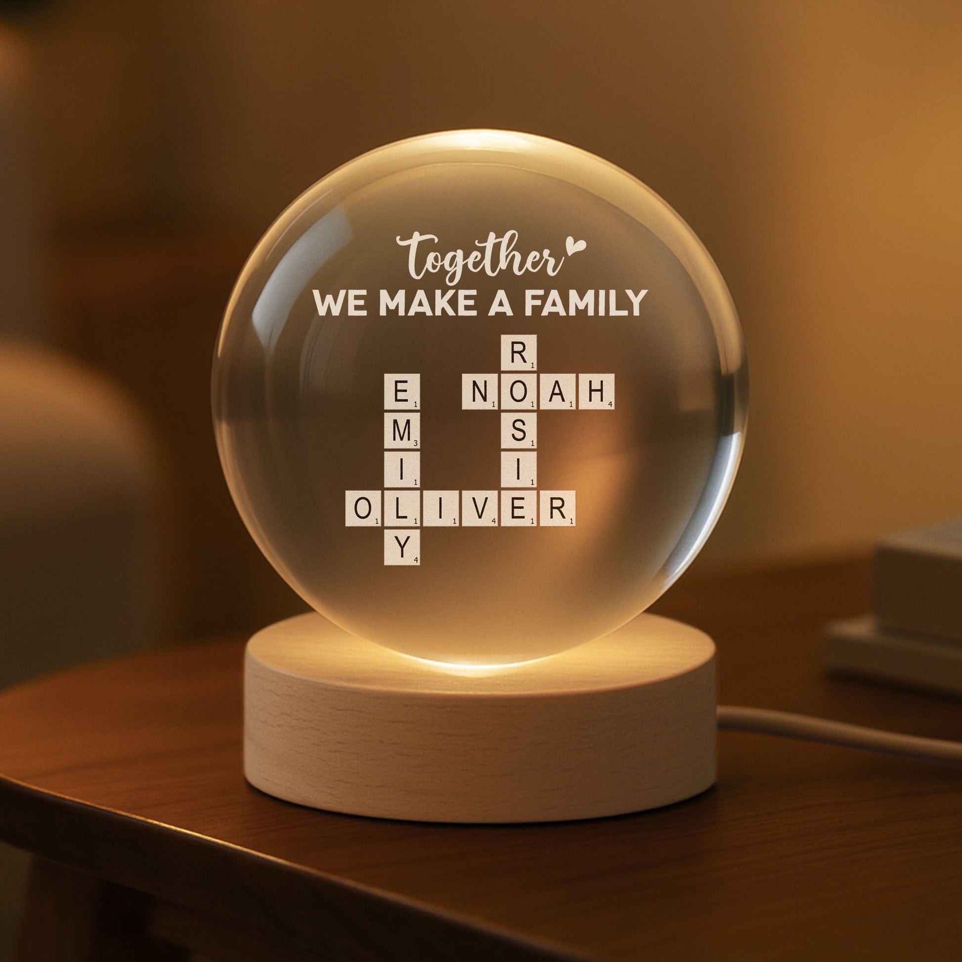 Custom Family Crossword Puzzle Art - Personalised Crystal Ball Lamp