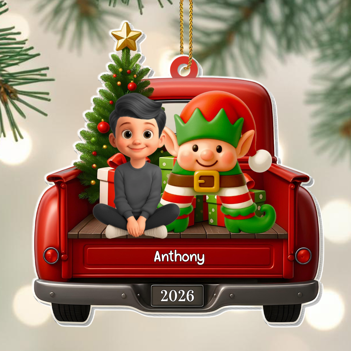 Red Christmas Truck & Elf Personalized Acrylic Ornament - Holiday Keepsake Gift for Kids